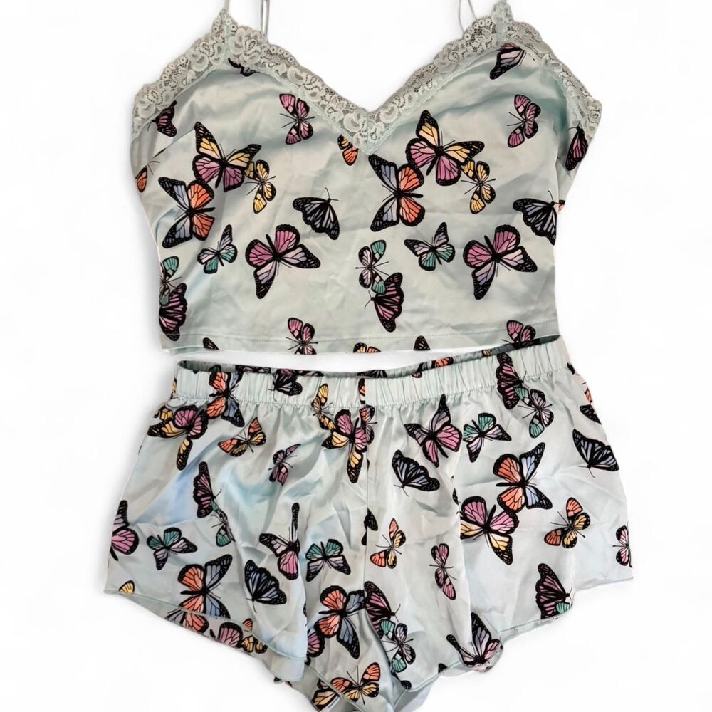 Colsie Target Light Blue Silk Pajama Set with Multicolored Butterfly Design